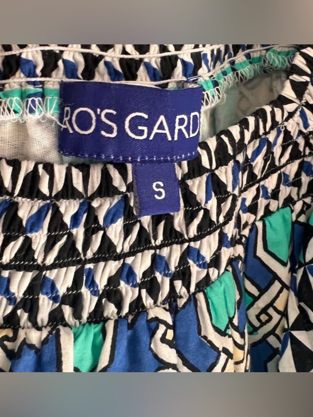 Ro’s Garden Blue & Green Geometric Print Dress – Ruffle Sleeve – Size Small - Picture 7 of 7